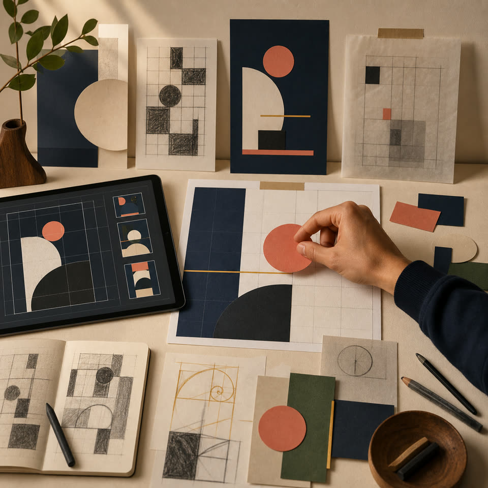 Estudos de composição com grades, formas geométricas e recortes de papel