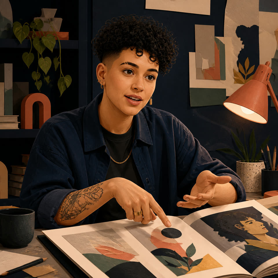 Retrato editorial ilustrativo da função de mentoria de portfólio