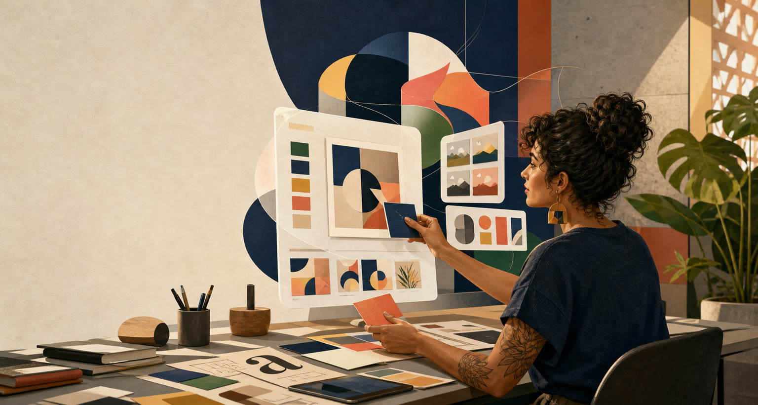 Designer organiza formas, cores e variações visuais em um estúdio criativo
